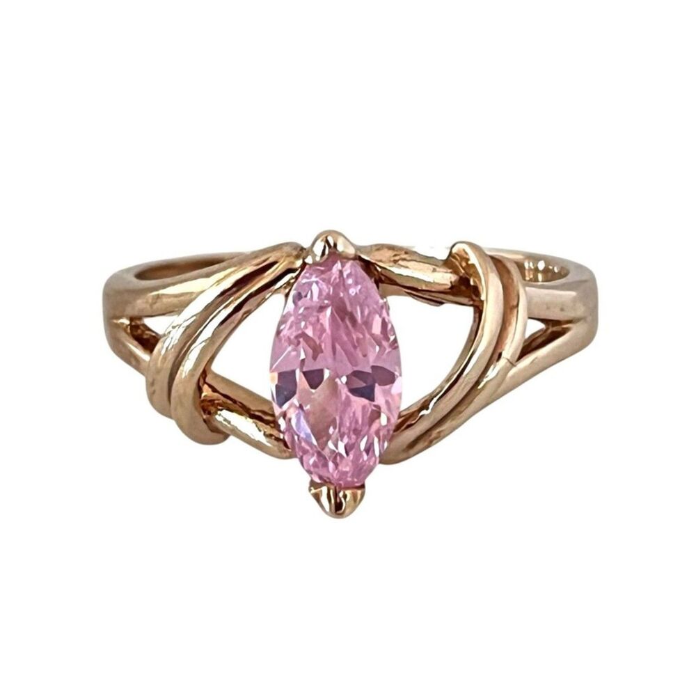 Vintage 1980s Pink CZ Marquise Ring Size 6 14KTGE Gold Plate - 14D